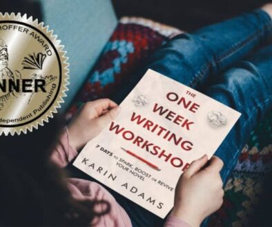 a sticker for the Eric Hoffer Book Award Winner is superimposed over a woman reading the One Week Writing Workshop by Karin Adams