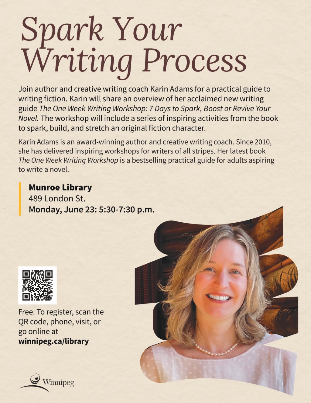 a poster advertising a writing workshop with author Karin Adams