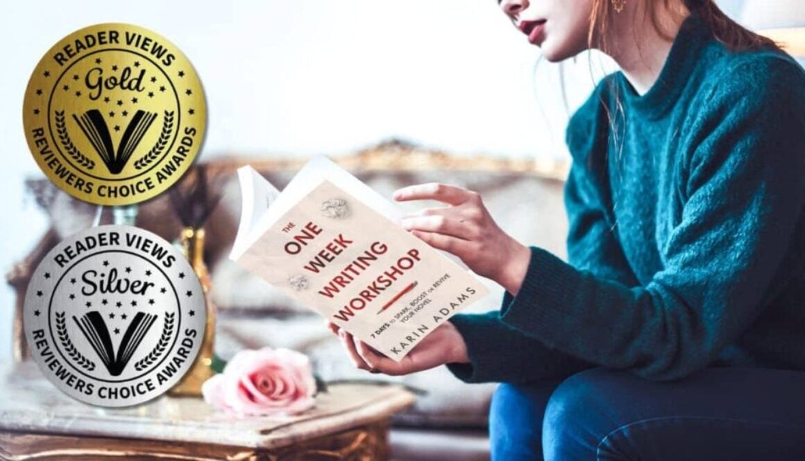 gold and silver awards stickers are superimposed over the image of a woman reading The One Week Writing Workshop book