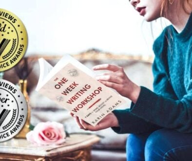 gold and silver awards stickers are superimposed over the image of a woman reading The One Week Writing Workshop book