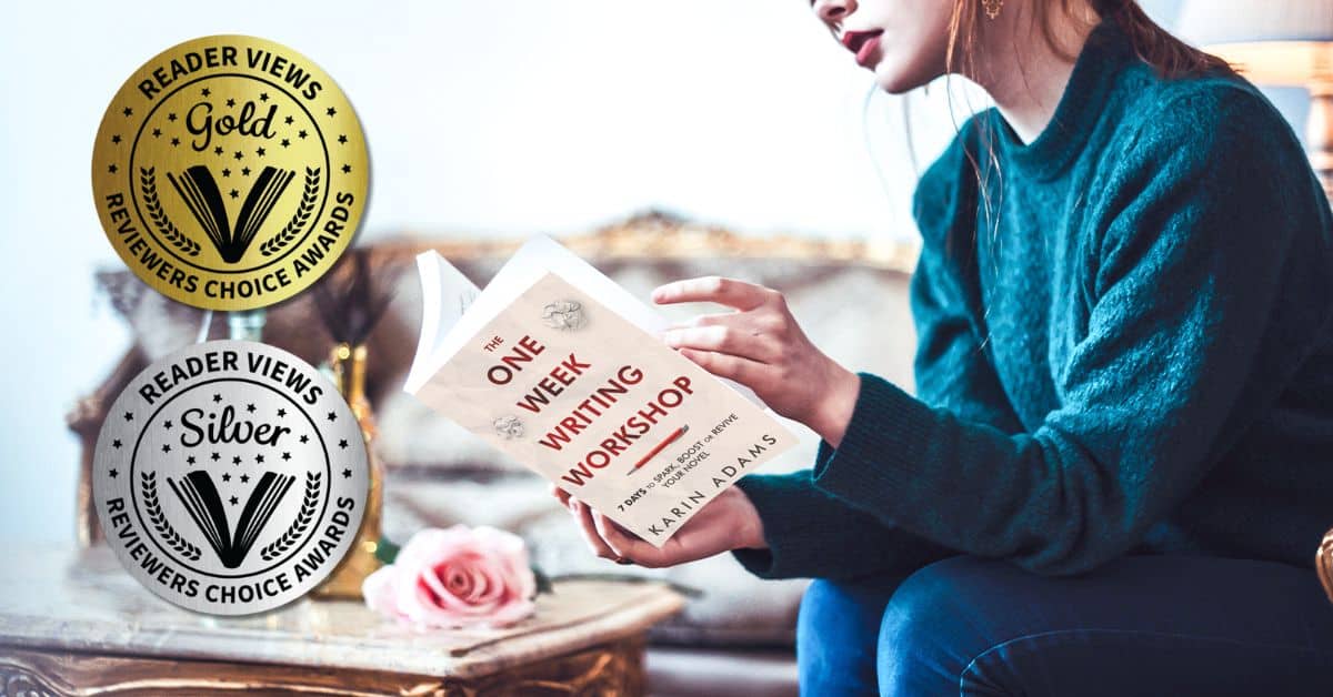 gold and silver awards stickers are superimposed over the image of a woman reading The One Week Writing Workshop book