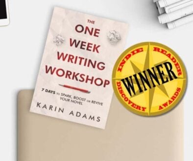 an image of The One Week Writing Workshop book on a desk with whimsical objects and alongside a sticker declaring it an IndieReader Discovery Awards winner