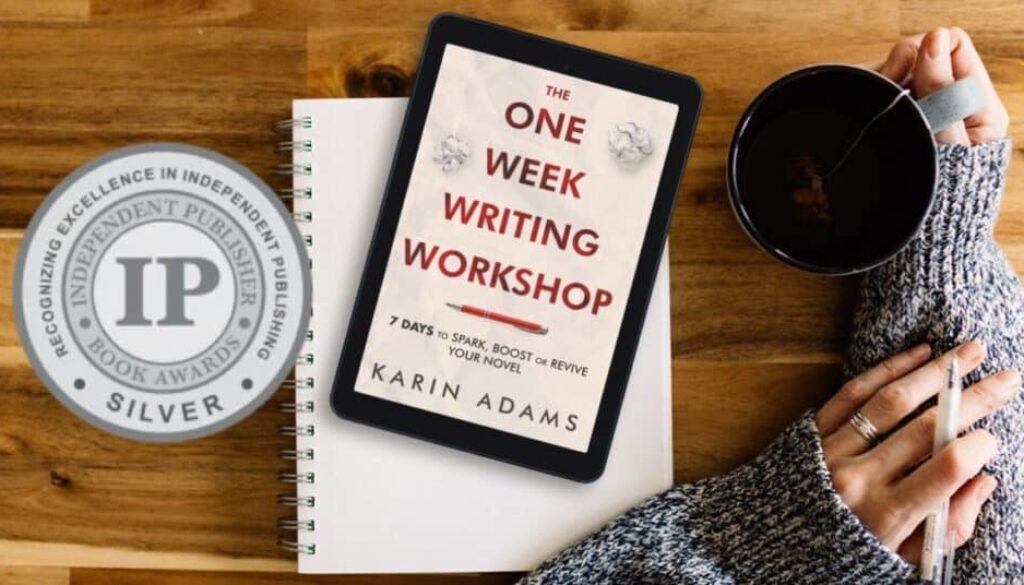 The One Week Writing Workshop book on an e-reader device beside a silver medal seal from the Independent Publisher Book Awards.