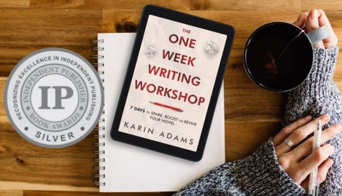 The One Week Writing Workshop book on an e-reader device beside a silver medal seal from the Independent Publisher Book Awards.