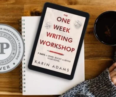 The One Week Writing Workshop book on an e-reader device beside a silver medal seal from the Independent Publisher Book Awards.