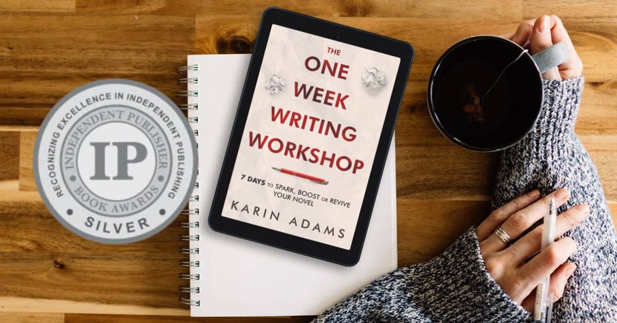 The One Week Writing Workshop book on an e-reader device beside a silver medal seal from the Independent Publisher Book Awards.